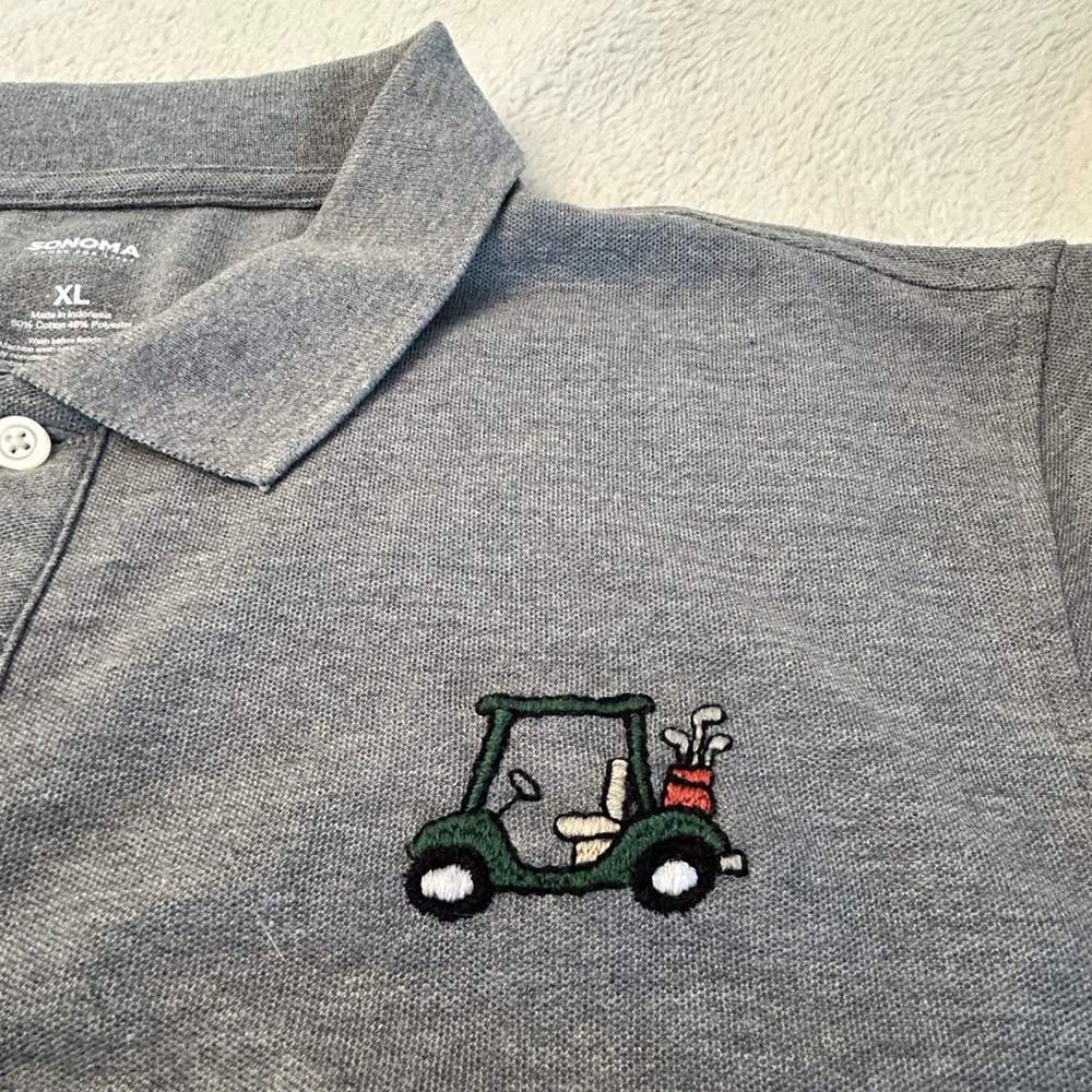 Sonoma Pique Gray Golf Polo Shirt Men’s Size XL w/ Hand Embroidered Golf Cart